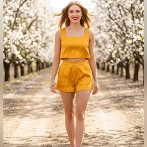 Hemline Mustard Yellow Satin Two Piece Set Crop Top and Shorts Size L